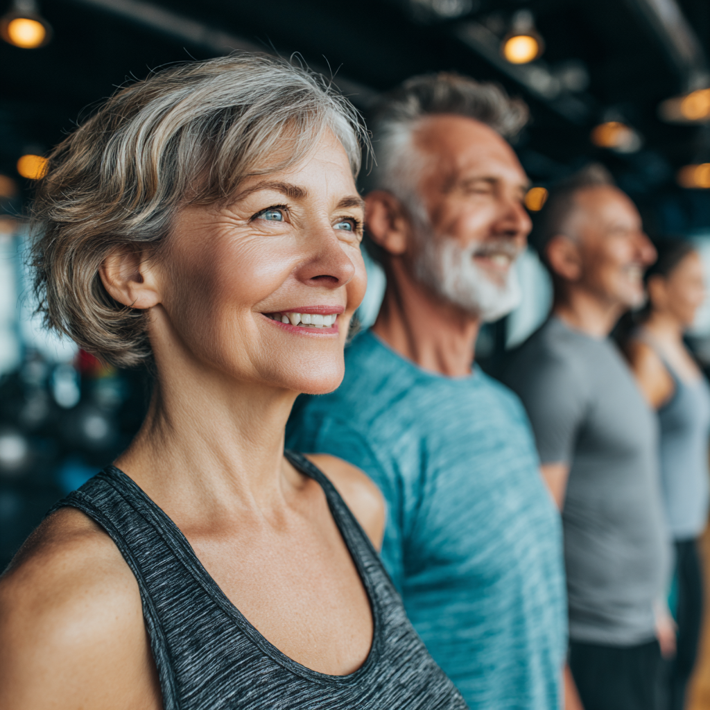 Group of middle-aged adults exercising together in modern fitness studio